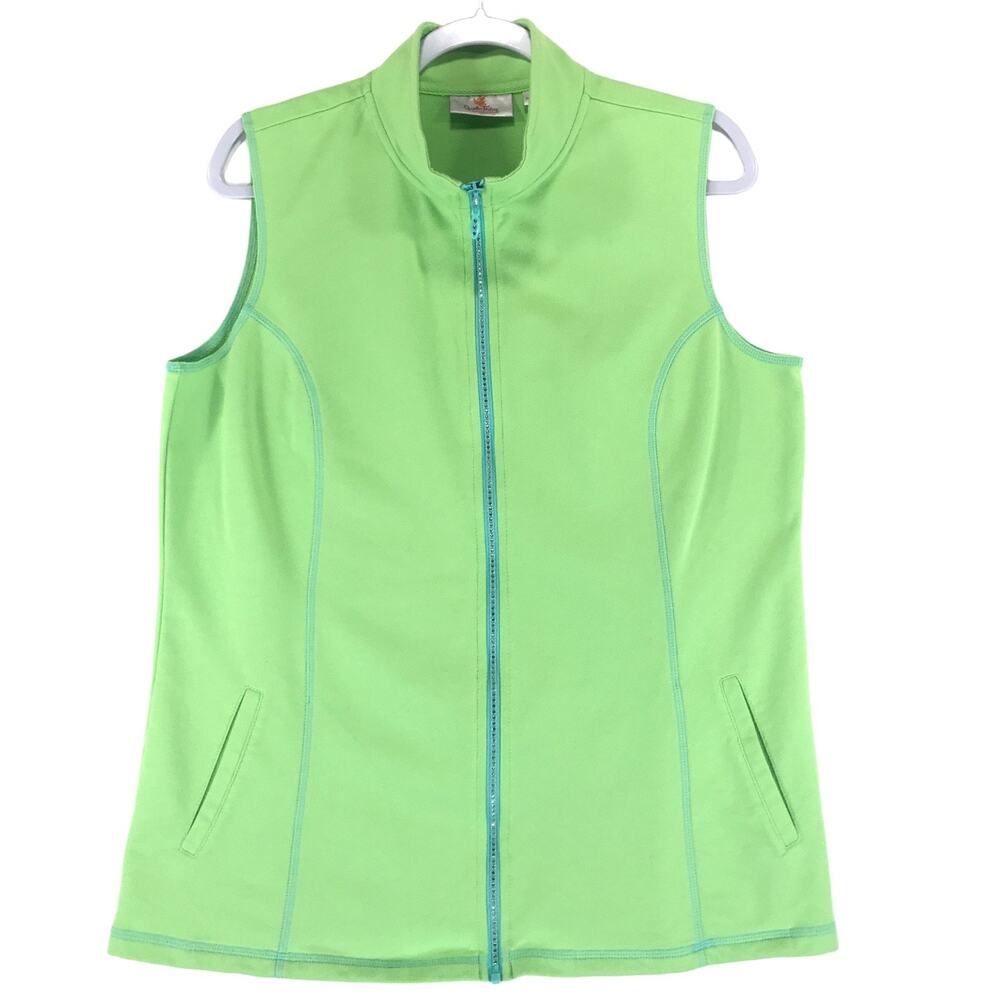 Quacker Factory Women's M Full Zip Vest Green Poly Cotton 2 Pocket Sleeveless